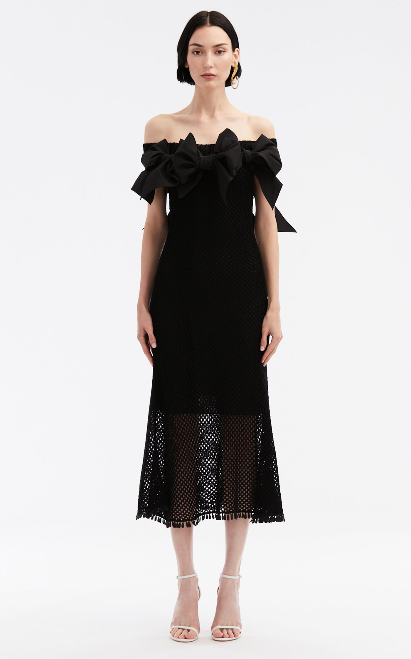 Bow-Detailed Off-The-Shoulder Knit Cotton Midi Dress