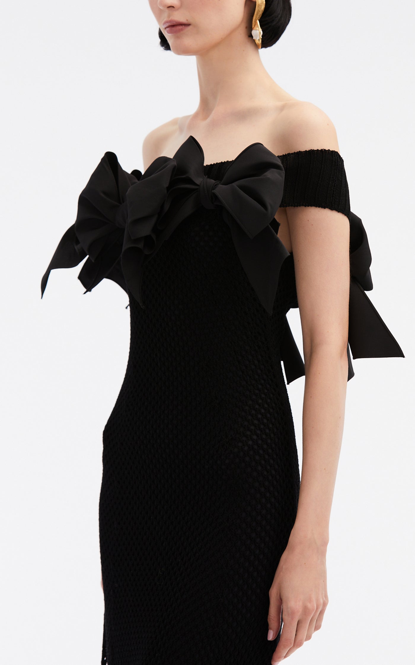 Bow-Detailed Off-The-Shoulder Knit Cotton Midi Dress