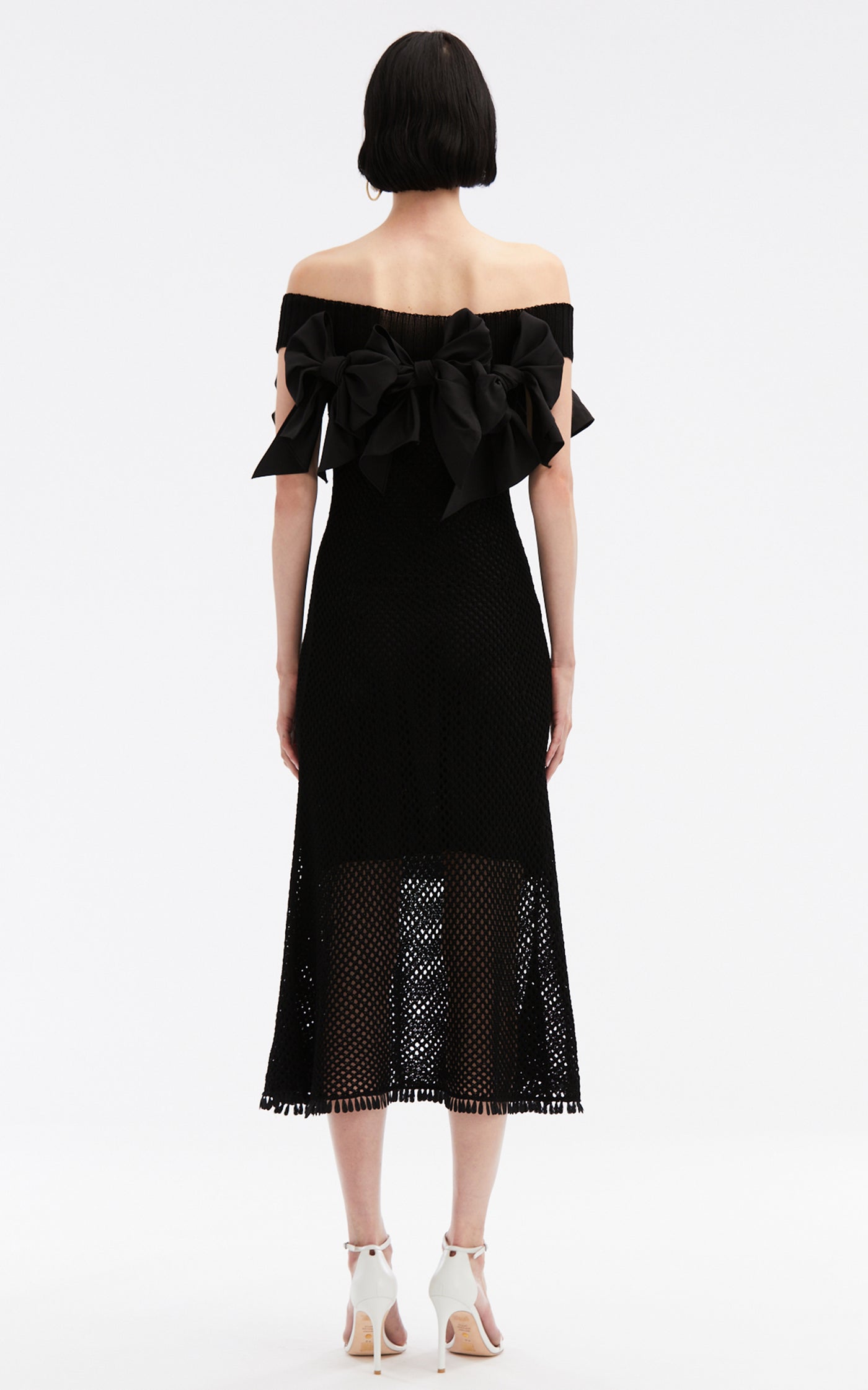 Bow-Detailed Off-The-Shoulder Knit Cotton Midi Dress