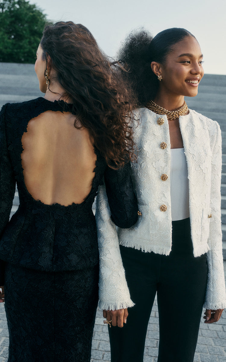 Gardenia-Embroidered Tweed Open-Back Jacket