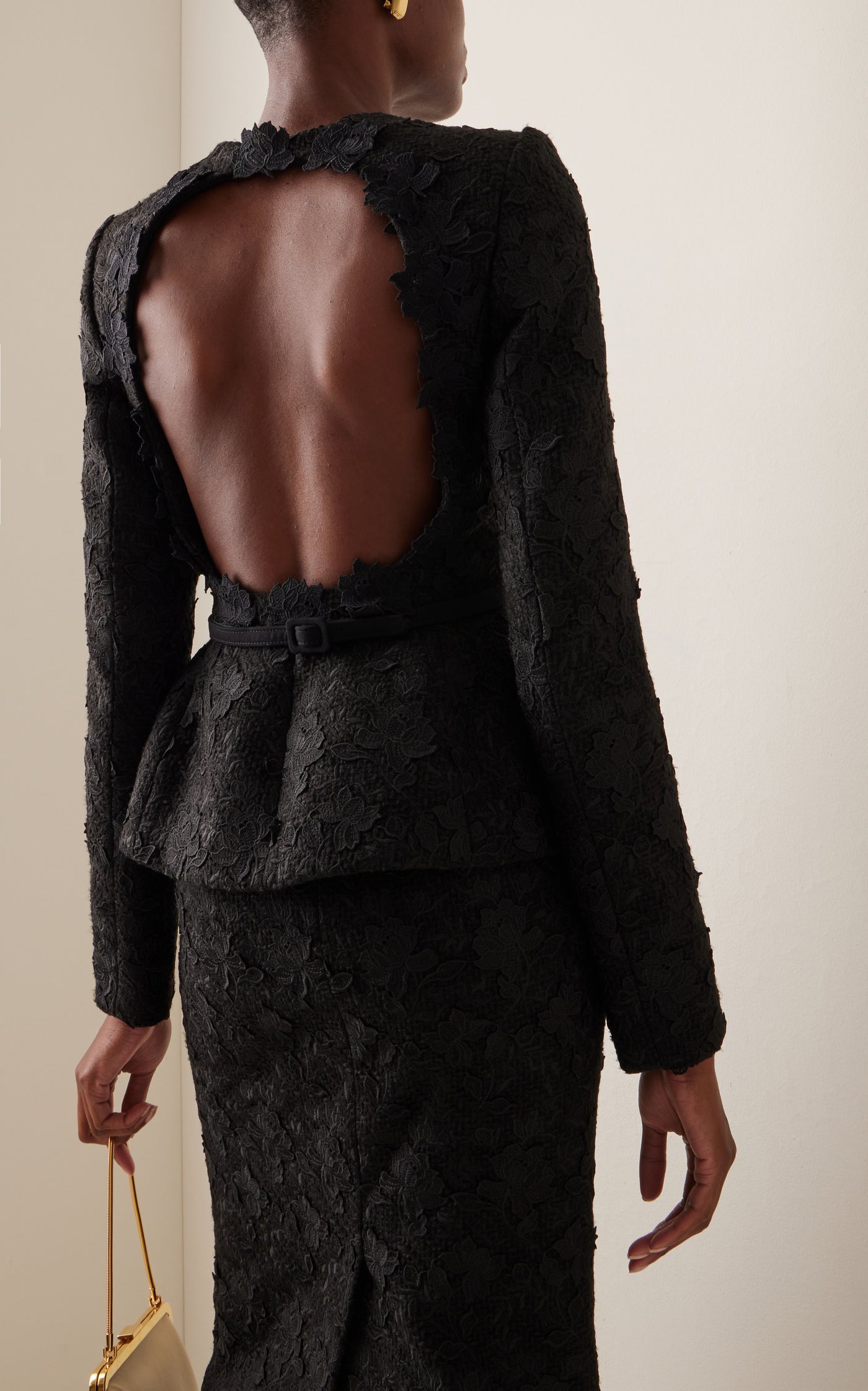 Gardenia-Embroidered Tweed Open-Back Jacket