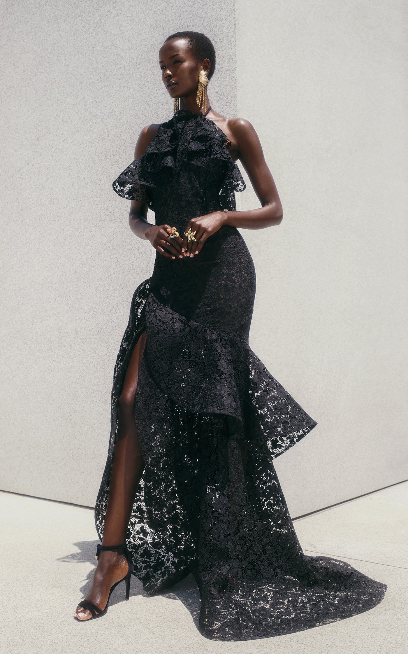 Ruffled Gardenia Guipure-Lace Gown