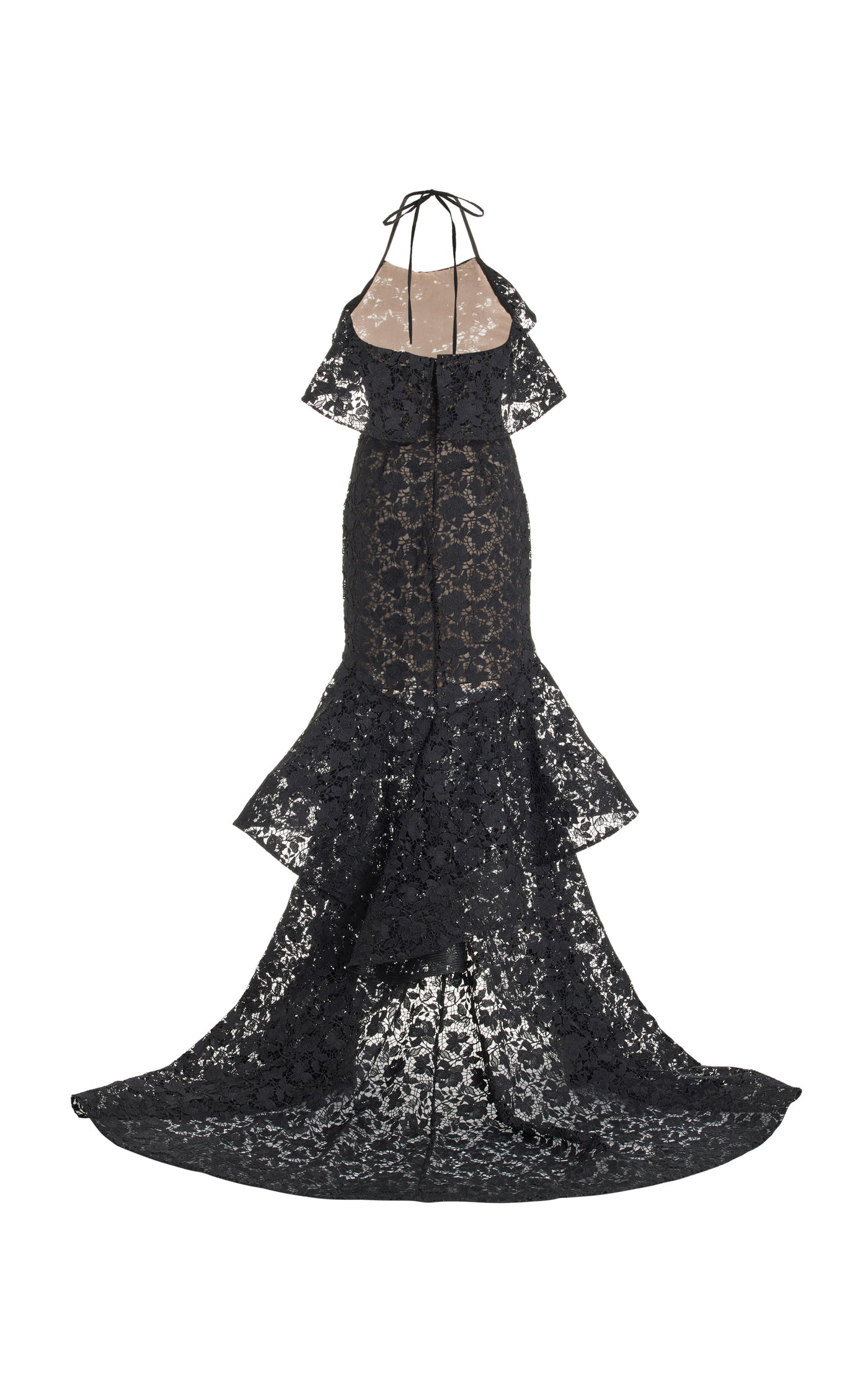 Ruffled Gardenia Guipure-Lace Gown