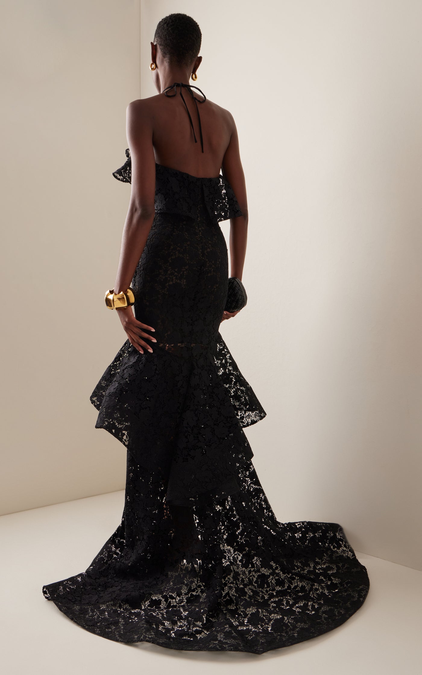 Ruffled Gardenia Guipure-Lace Gown