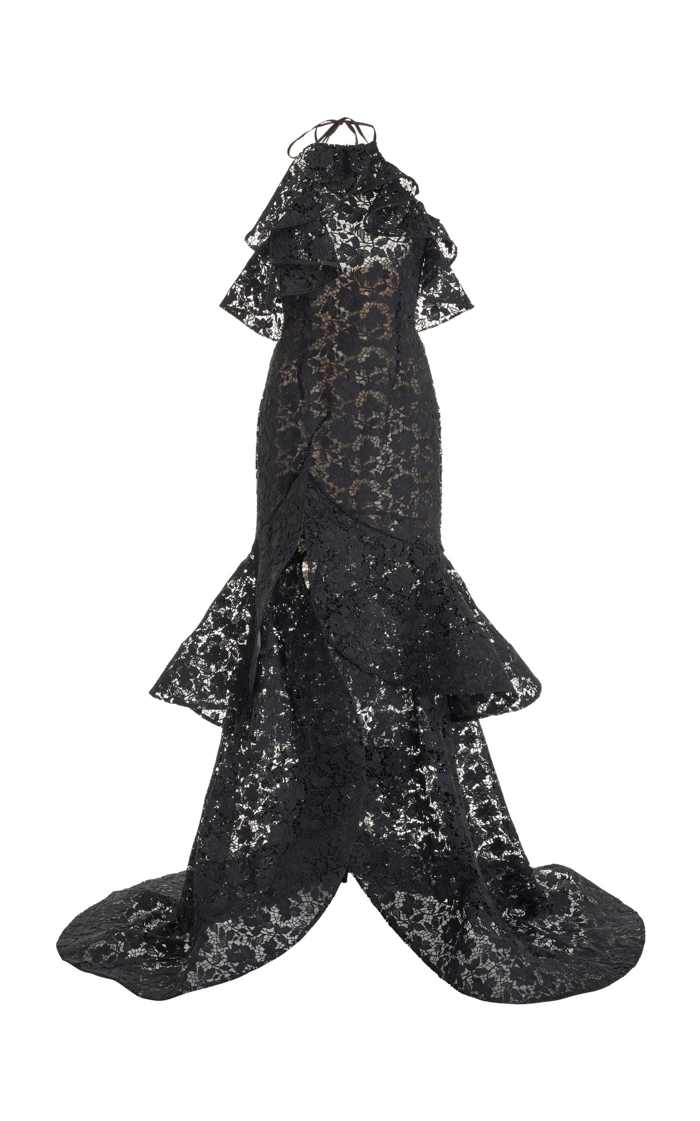 Ruffled Gardenia Guipure-Lace Gown