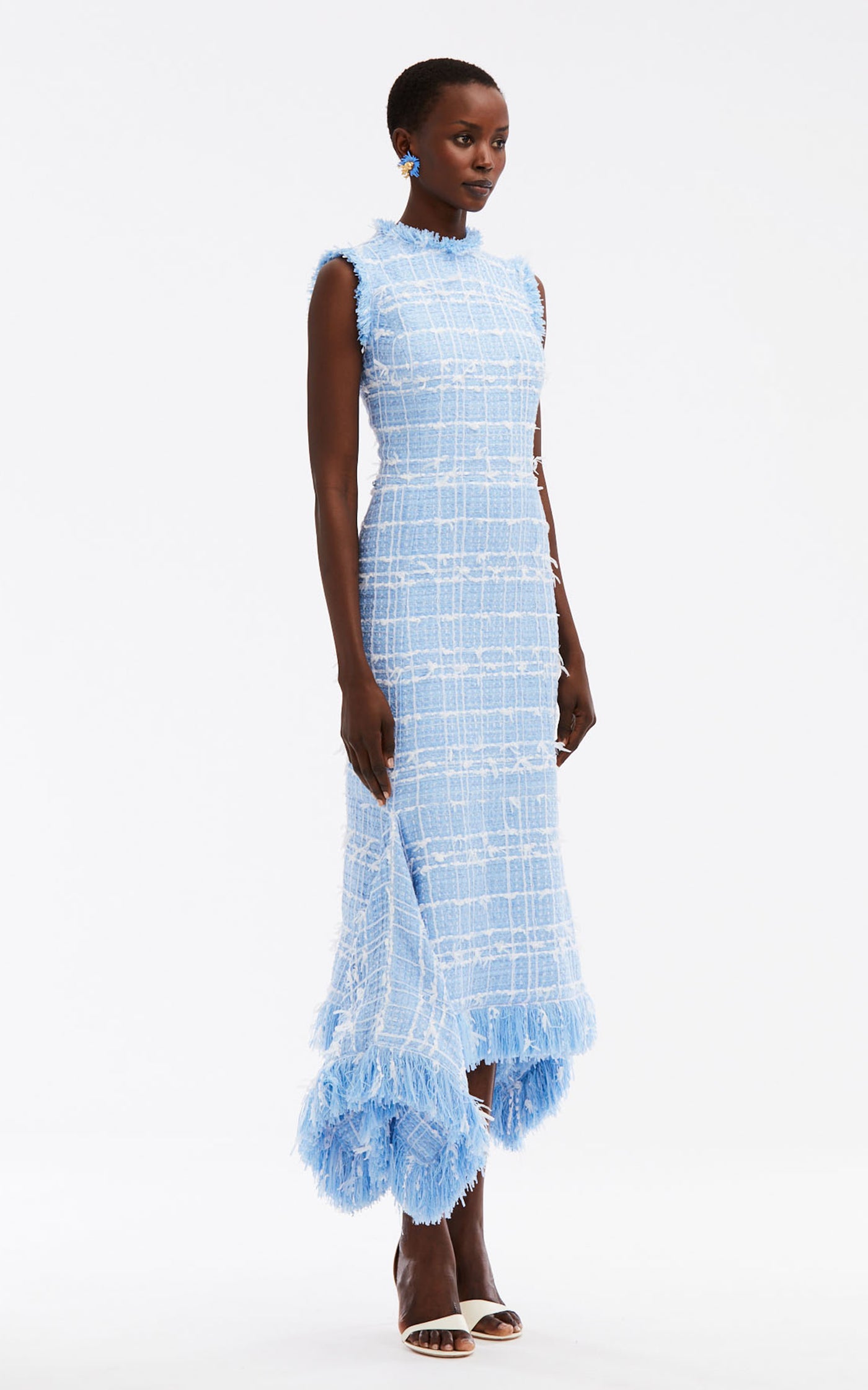 Draped Ribbon Tweed Midi Dress