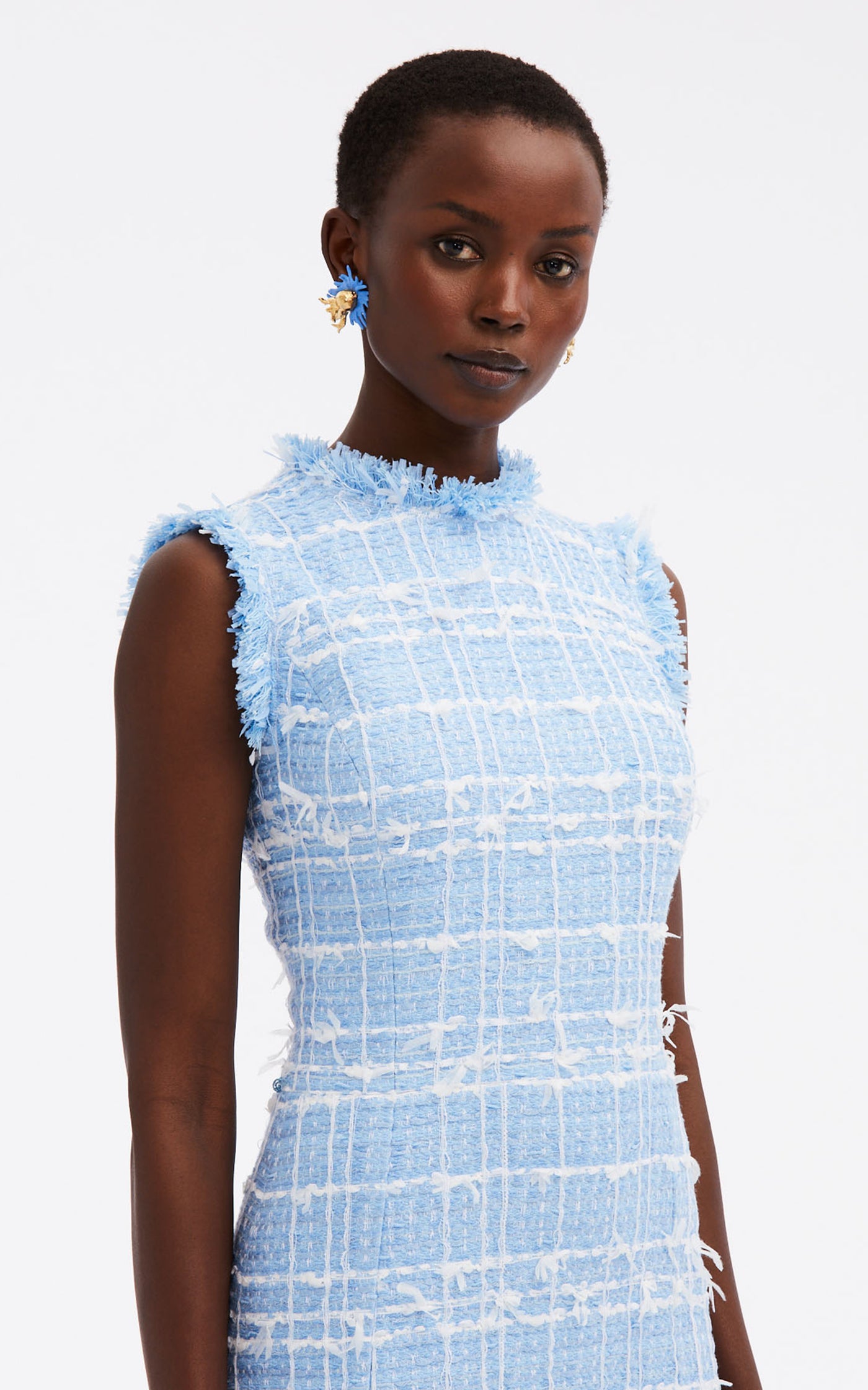 Draped Ribbon Tweed Midi Dress