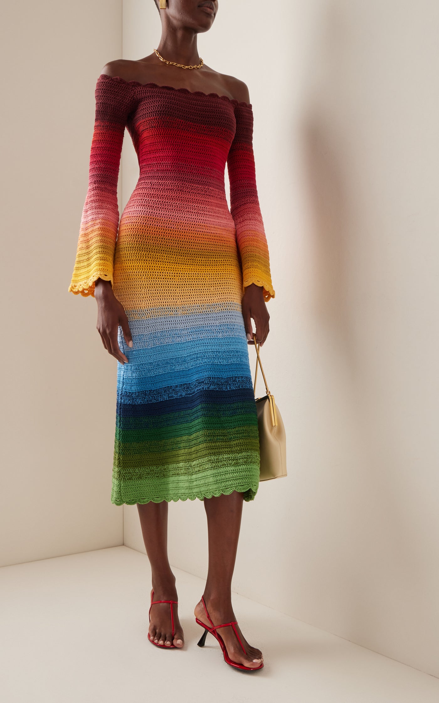 Off-The-Shoulder Ombre Crocheted-Cotton Midi Dress