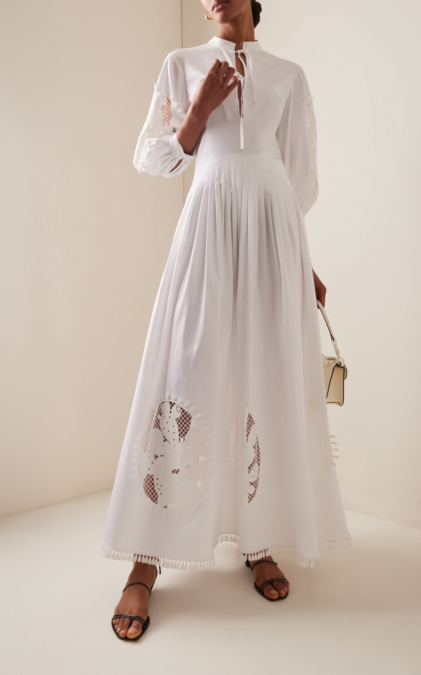 Embroidered Pleated Cotton Poplin Maxi Dress