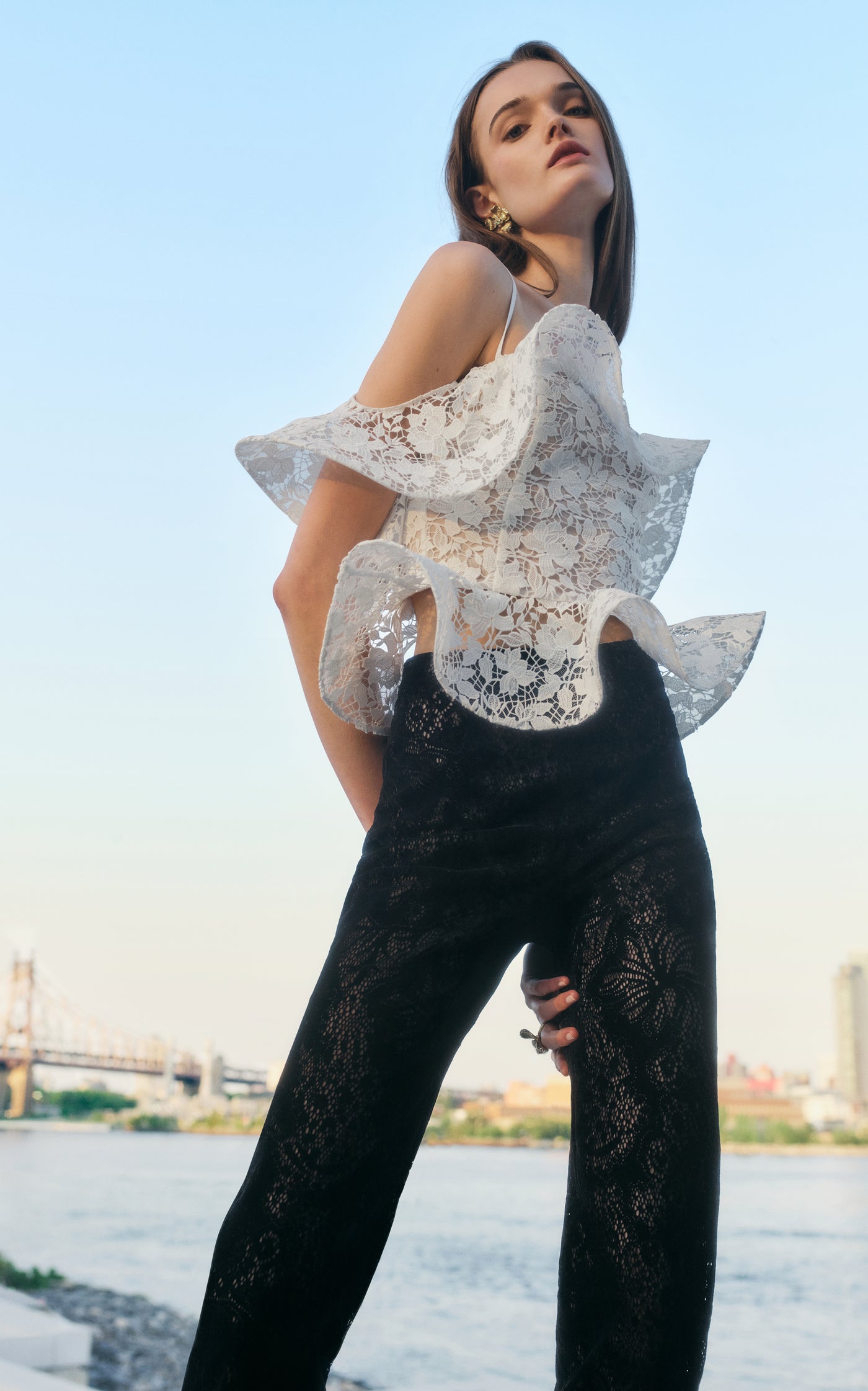 Ruffled Gardenia Guipure-Lace Top