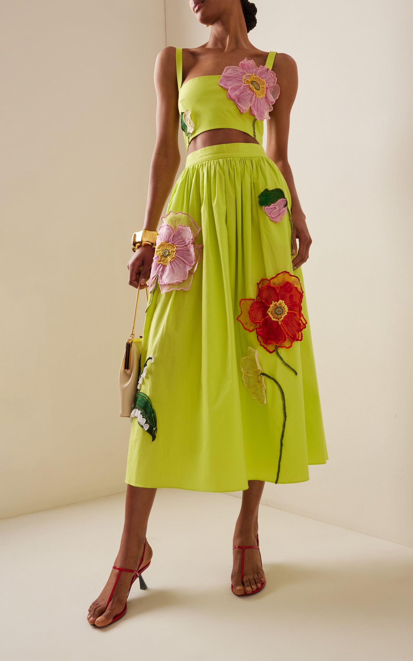 Floral-Appliquéd Cropped Cotton Top