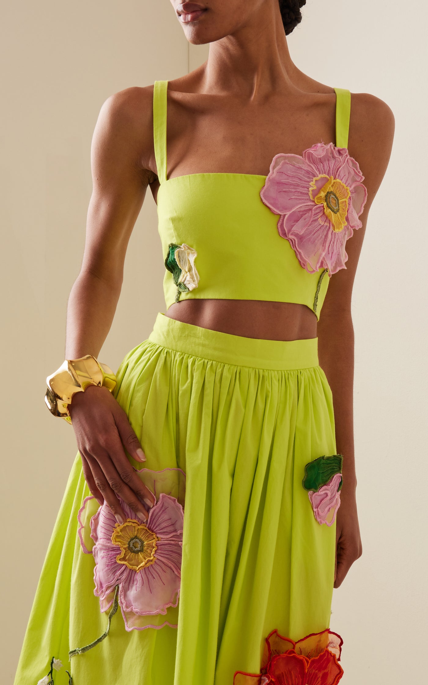 Floral-Appliquéd Cropped Cotton Top