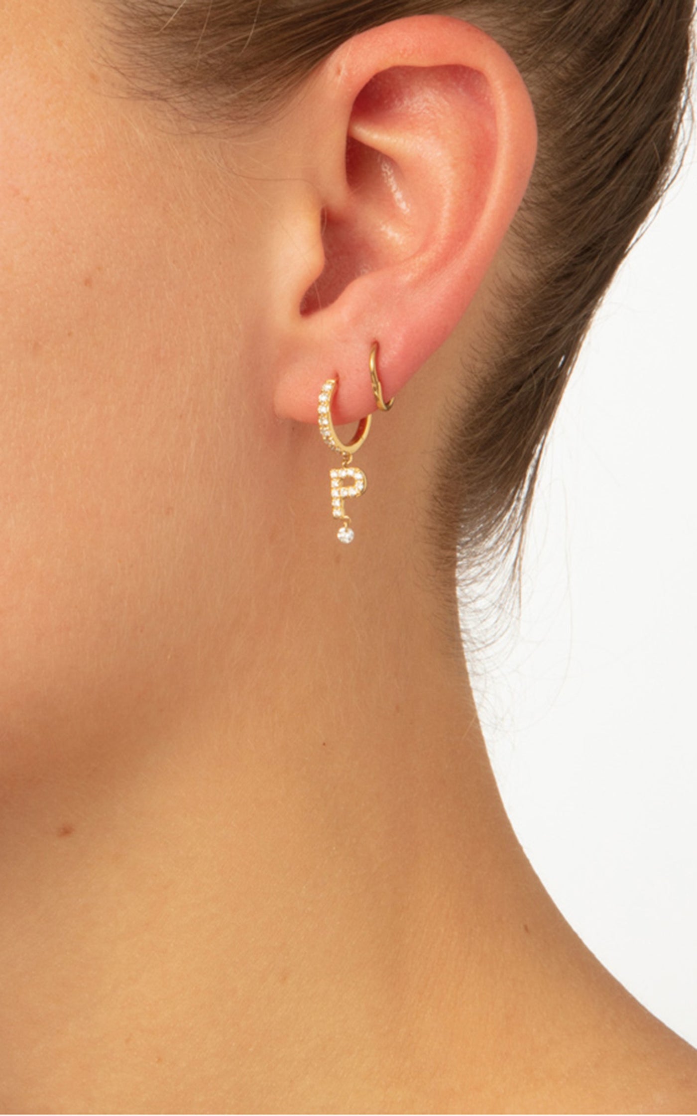 18K Yellow Gold Alphabet Letter Diamond Earring-F