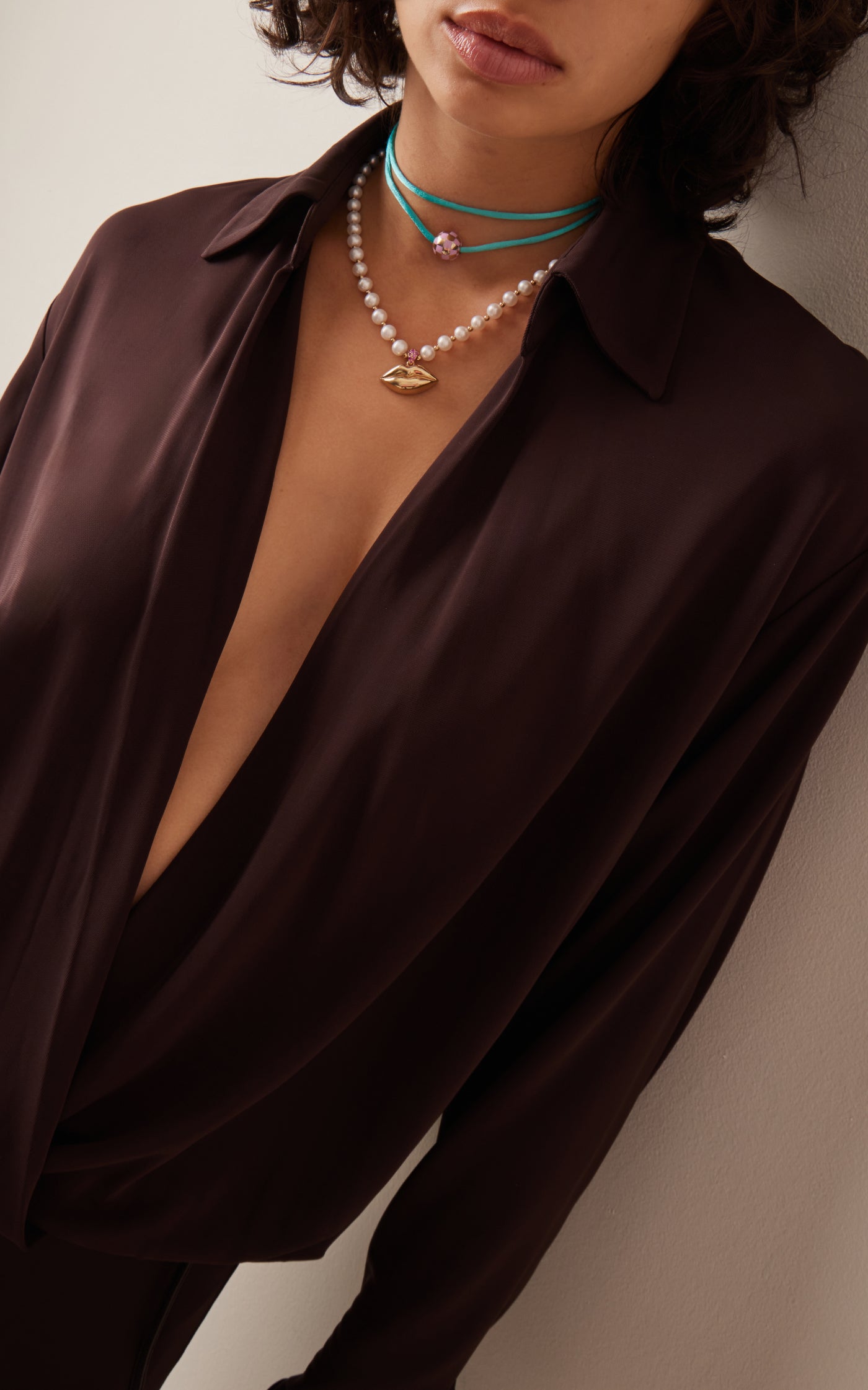Exclusive 14K Yellow Gold Pink Enamel and Black Tourmaline Checkered Ball Necklace