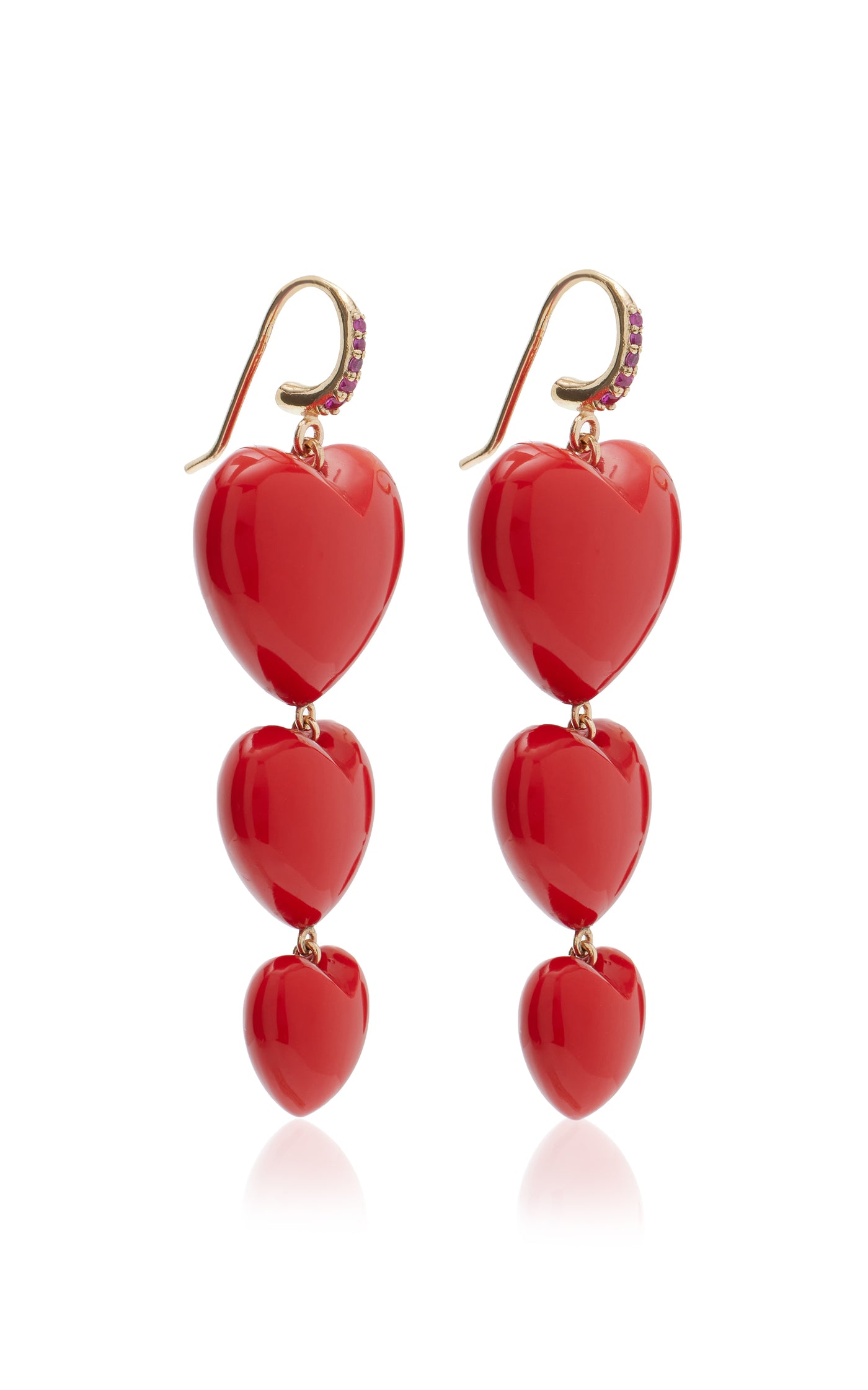 The Triple Heart 14K Yellow Gold Pink Sapphire, Coral Earrings