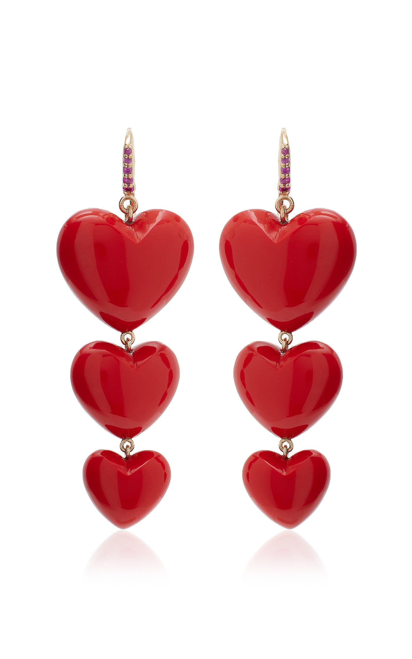 The Triple Heart 14K Yellow Gold Pink Sapphire, Coral Earrings