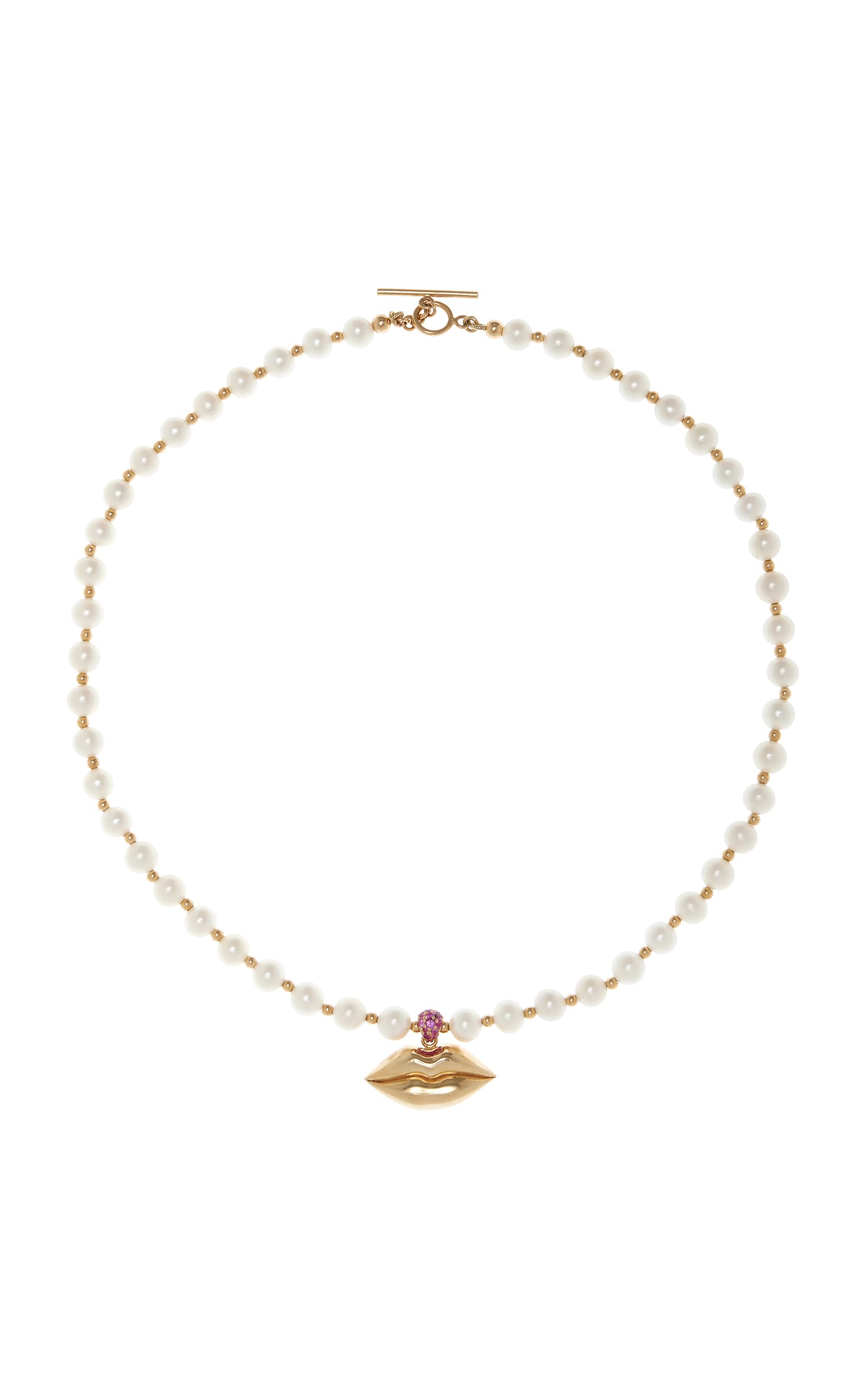 14K Yellow Gold Pearl and Sapphire Lush Lips Necklace