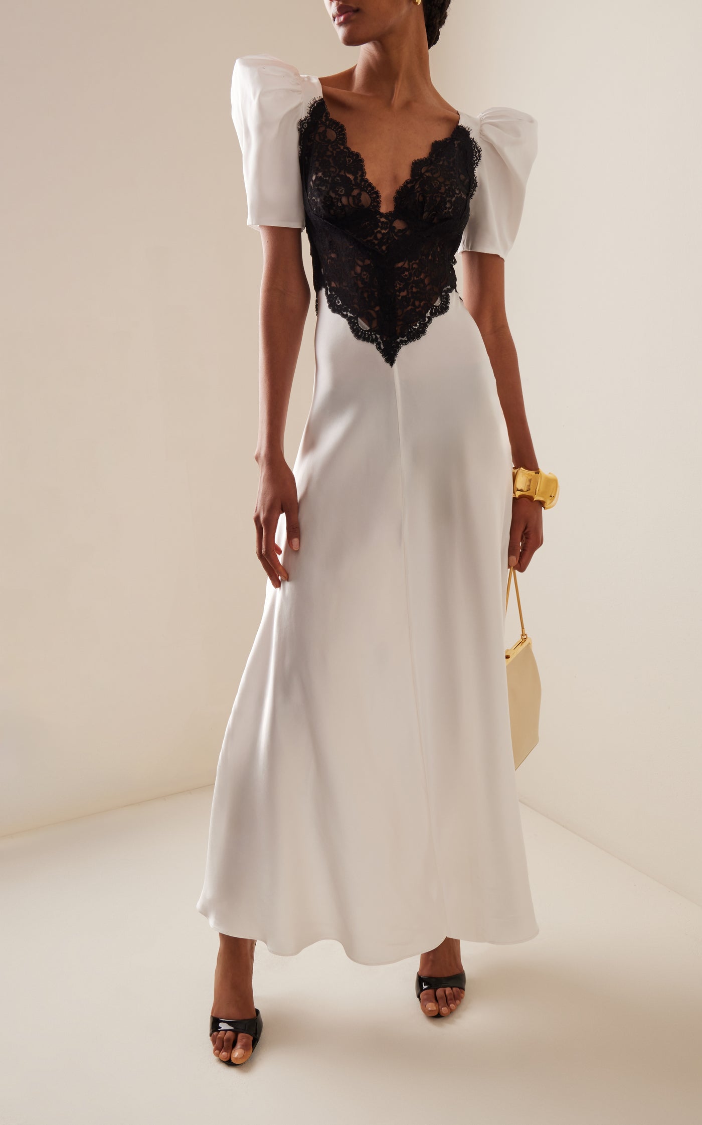 Lace-Trimmed Puff-Sleeve Silk Maxi Dress
