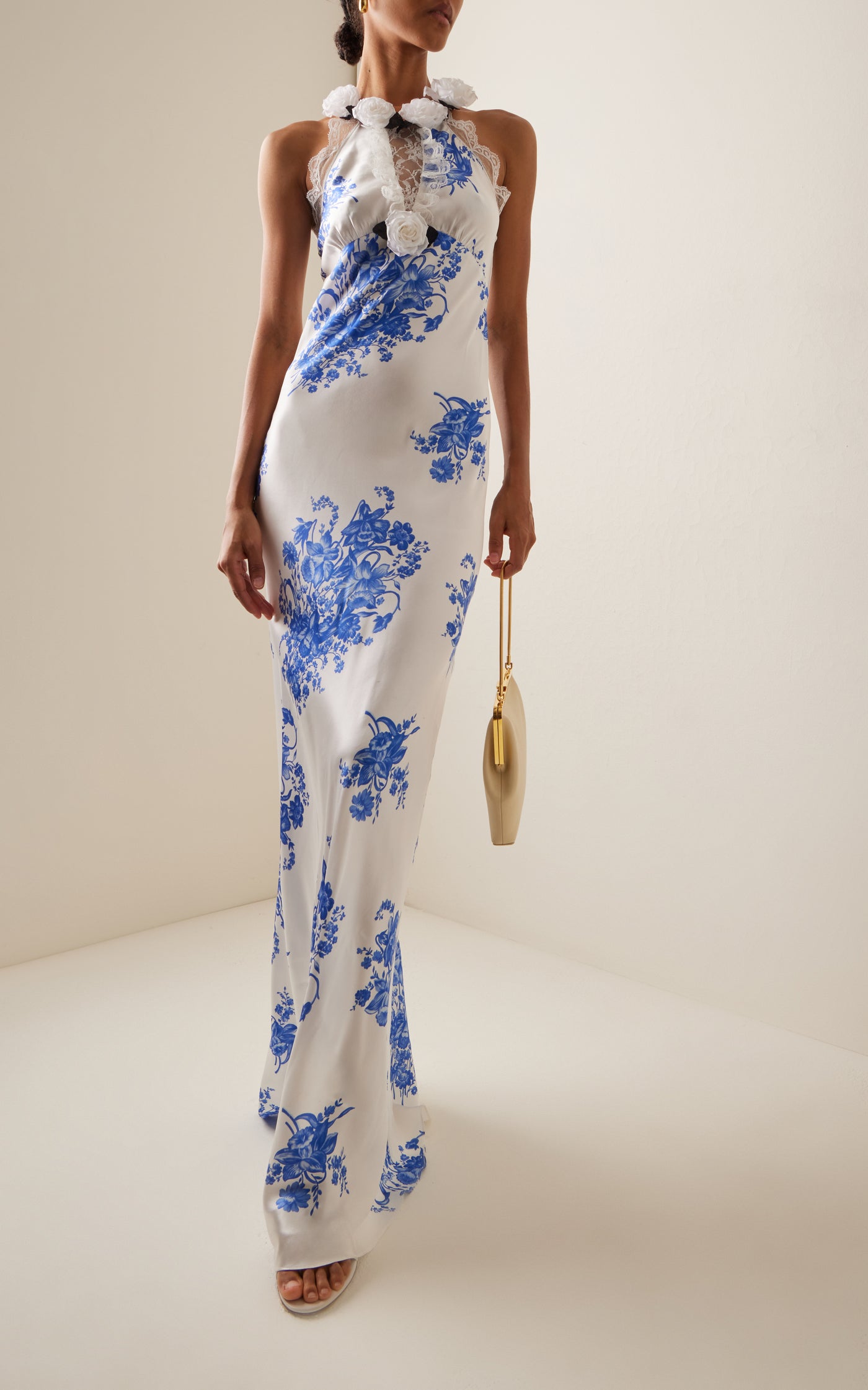 Floral-Appliquéd Lace-Trimmed Floral-Silk Maxi Dress