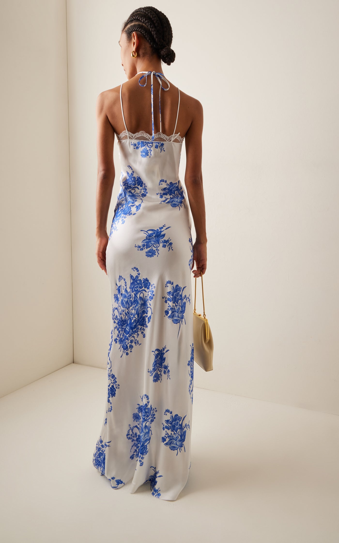 Floral-Appliquéd Lace-Trimmed Floral-Silk Maxi Dress