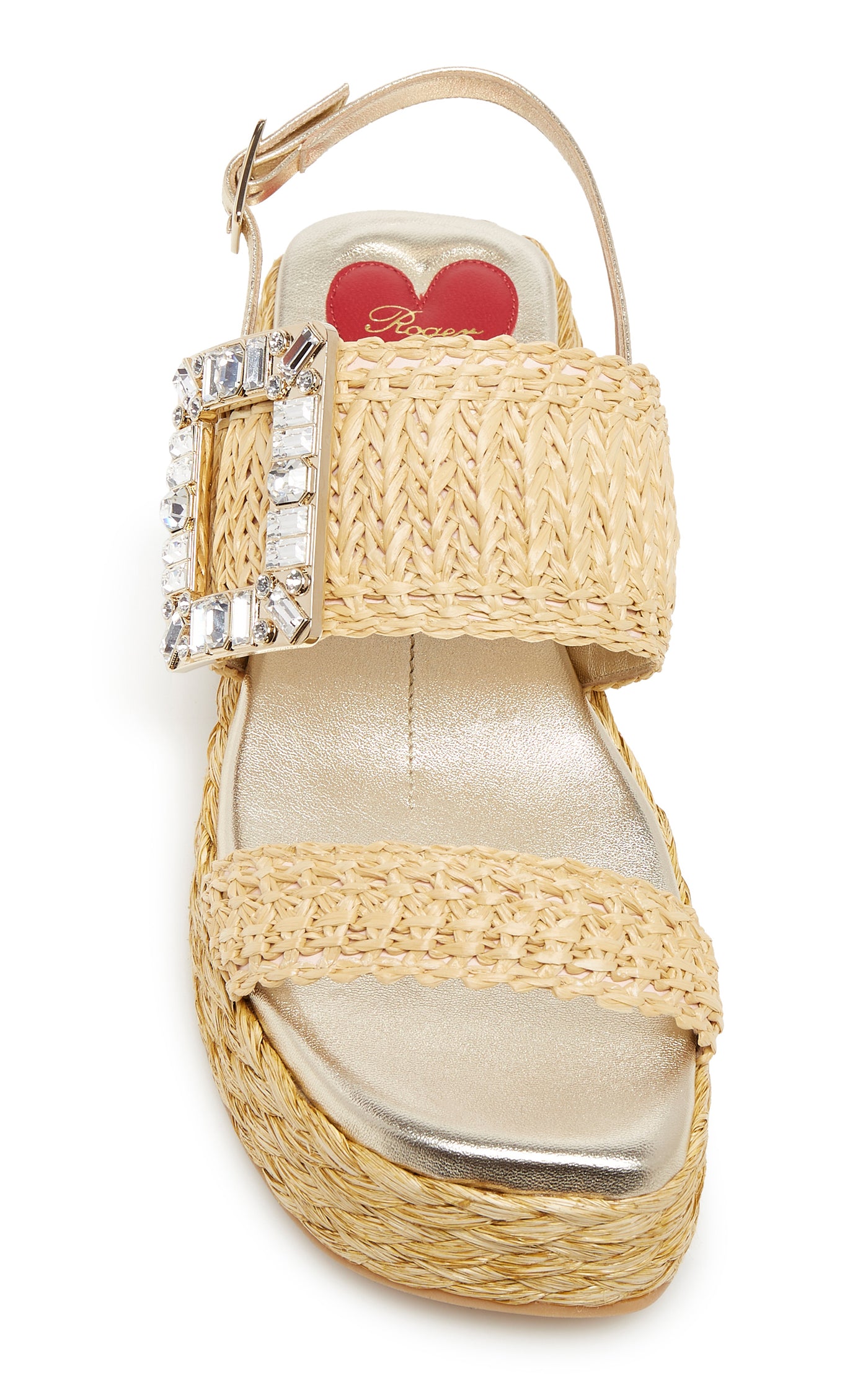 Crystal-Buckle Raffia Platform Sandals