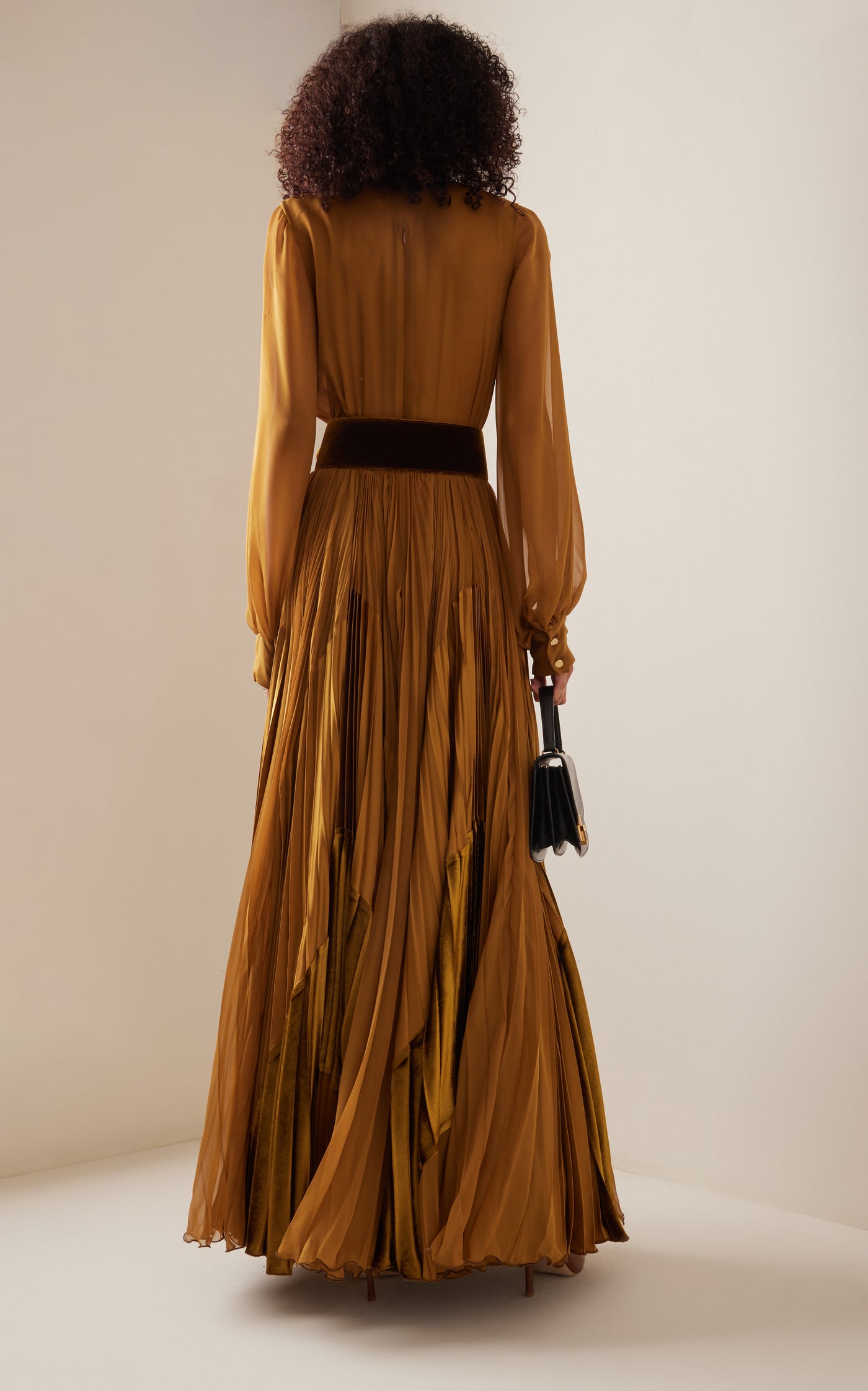 Blouson-Tie Pleated Silk Maxi Dress