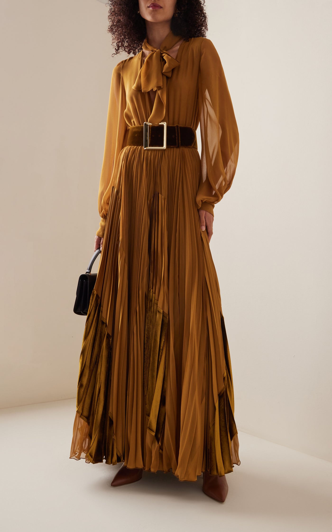 Blouson-Tie Pleated Silk Maxi Dress