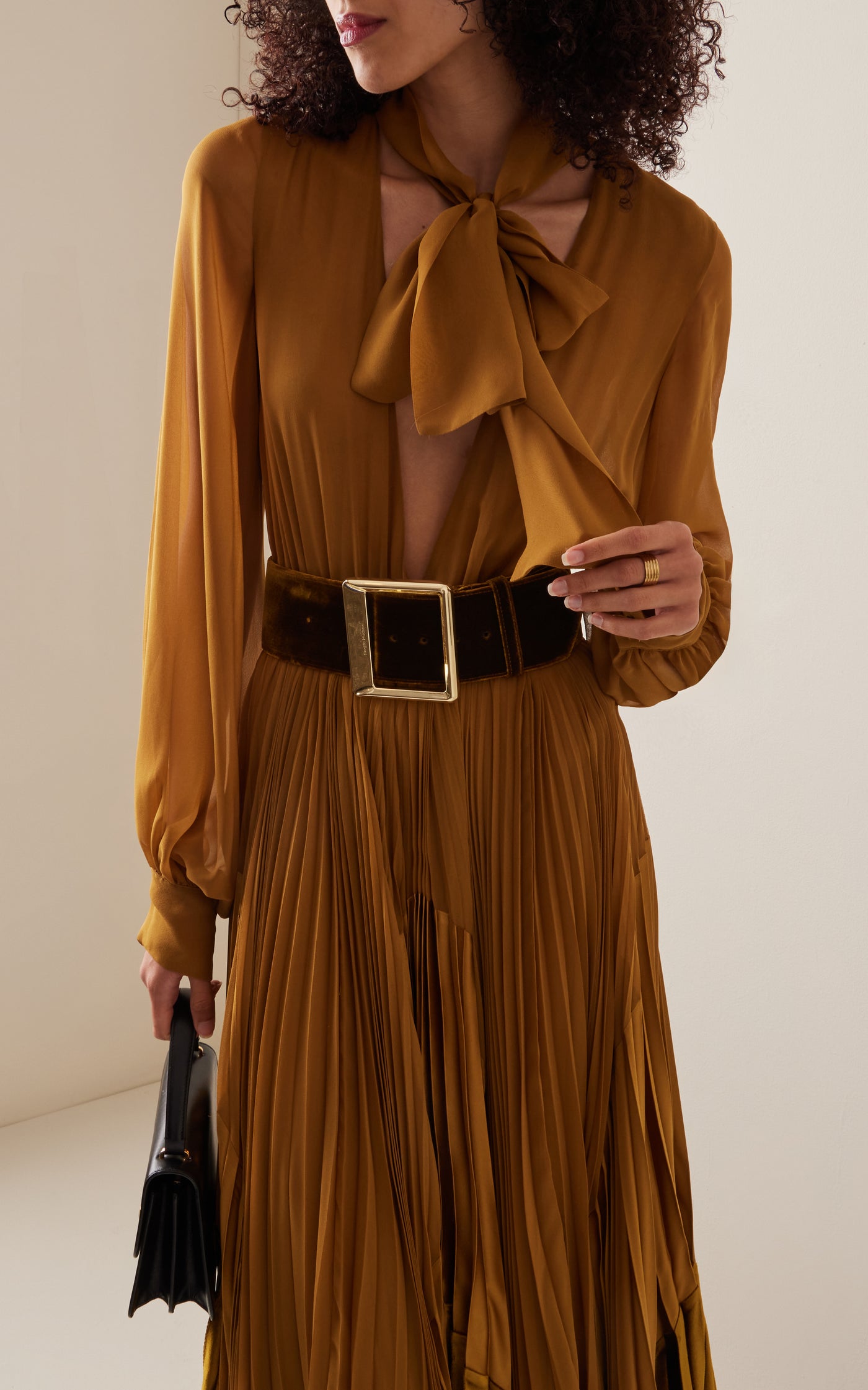 Blouson-Tie Pleated Silk Maxi Dress