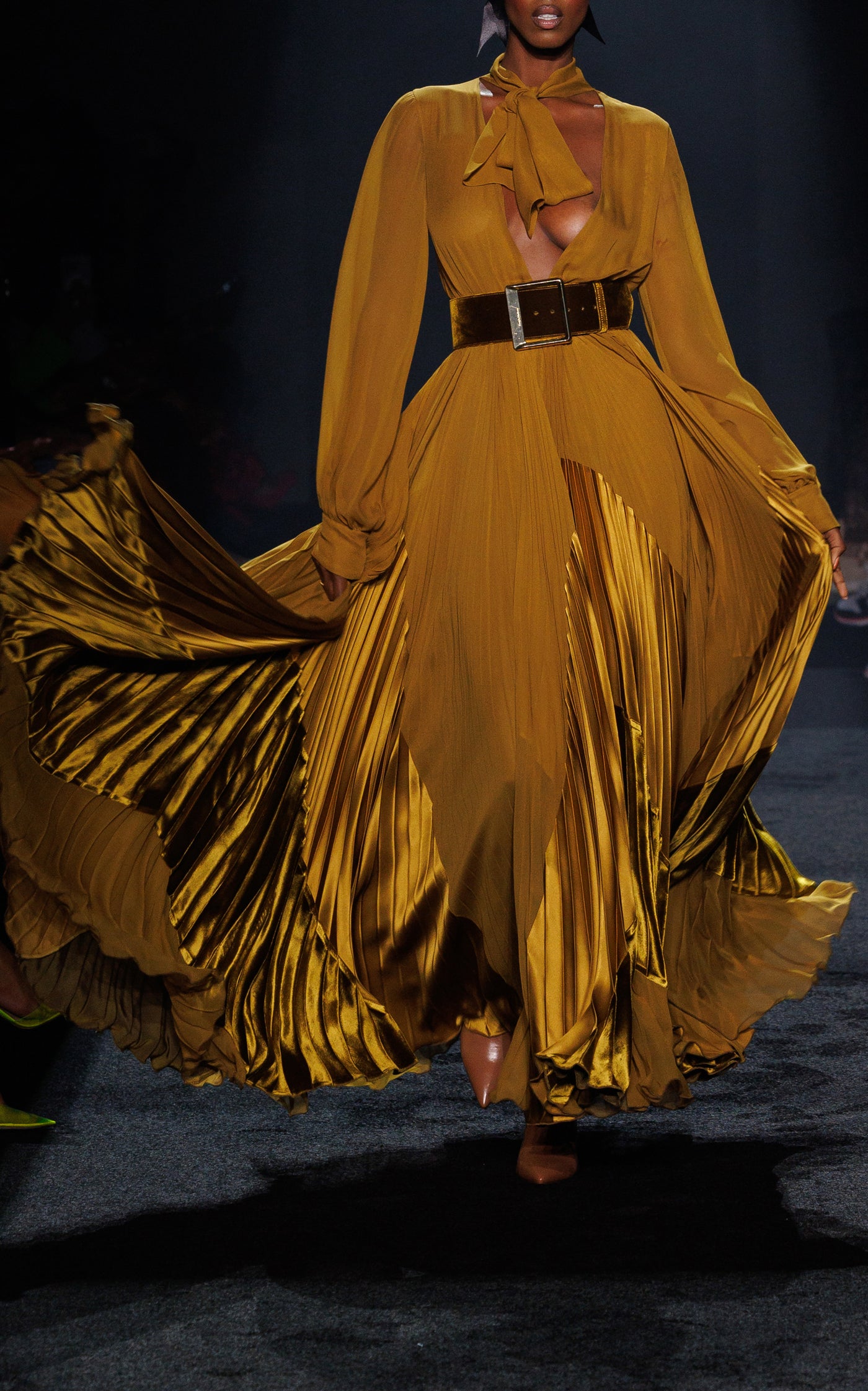 Blouson-Tie Pleated Silk Maxi Dress