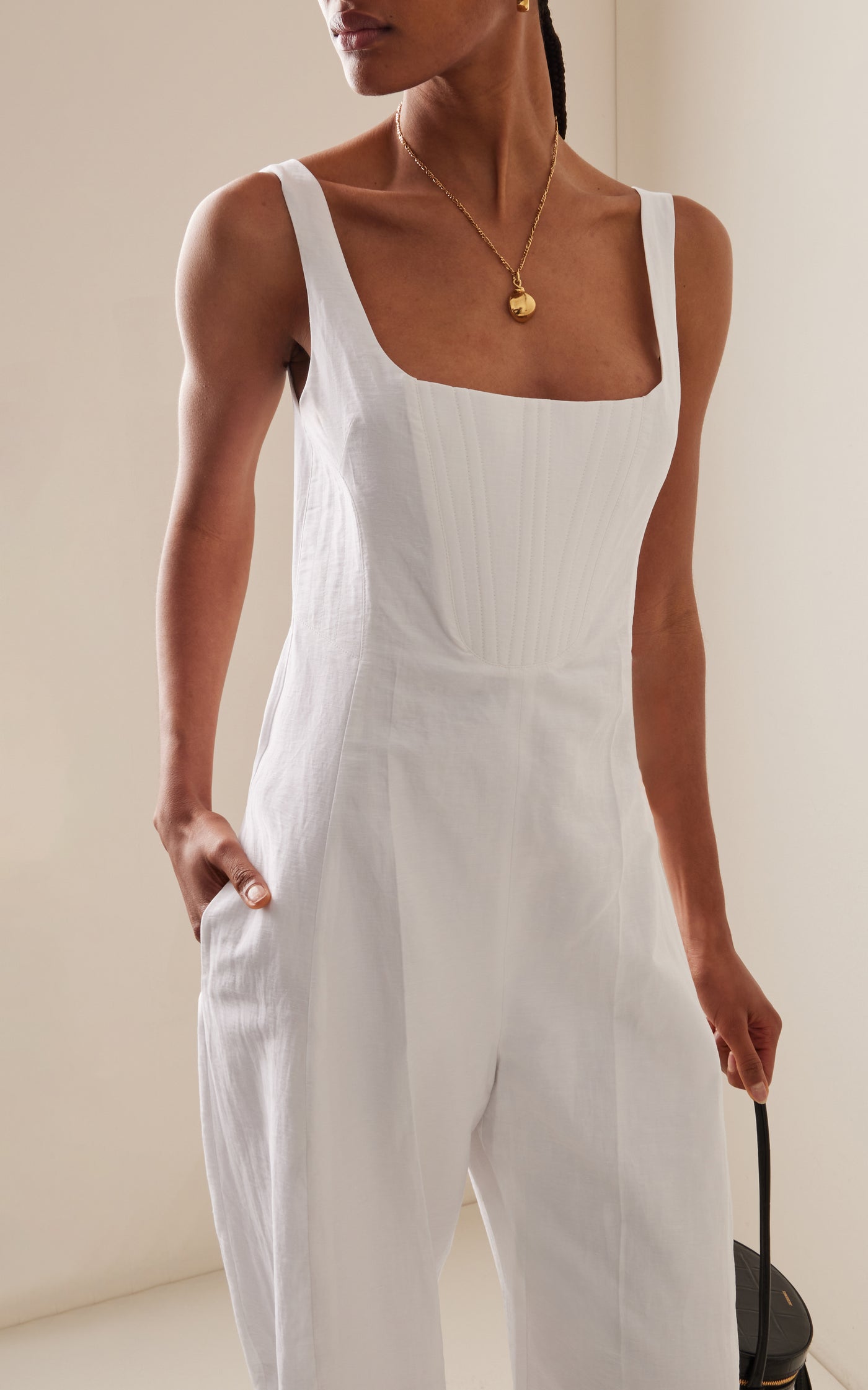 Pleated Linen-Cotton Corset Jumpsuit