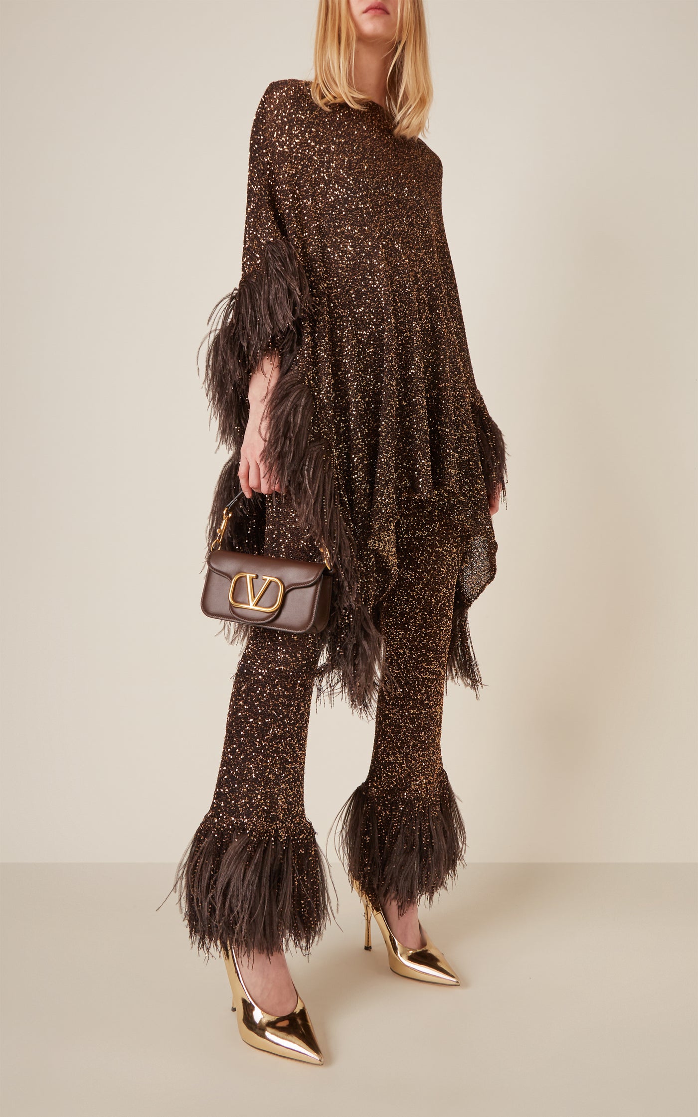 Feather-Trimmed Paillette Poncho