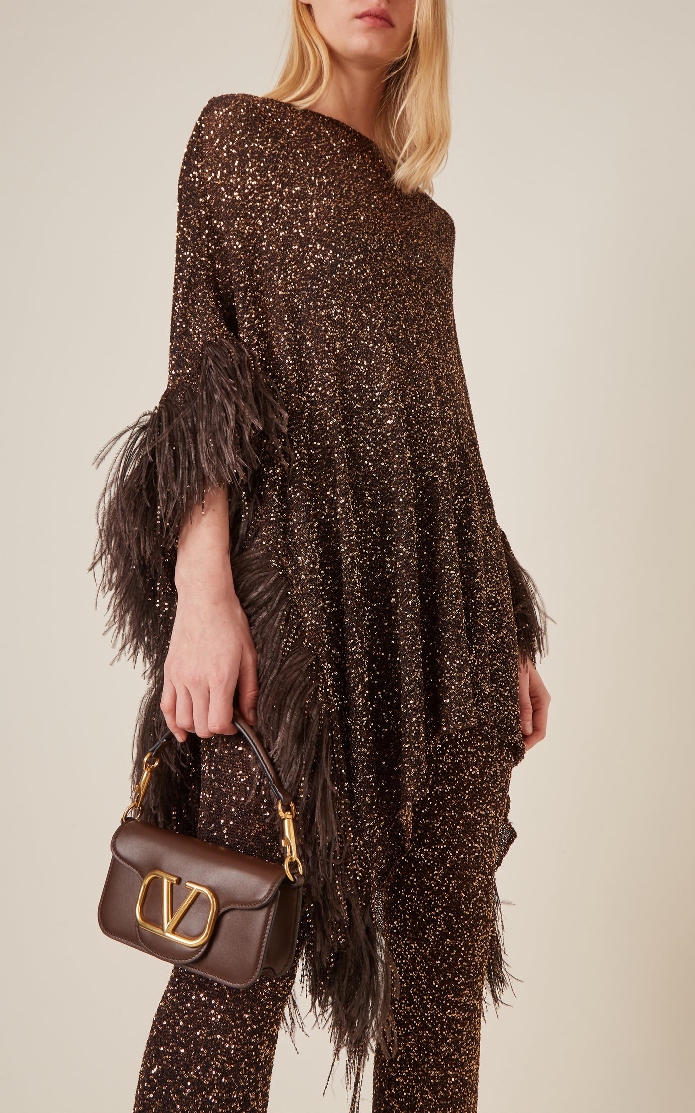 Feather-Trimmed Paillette Poncho