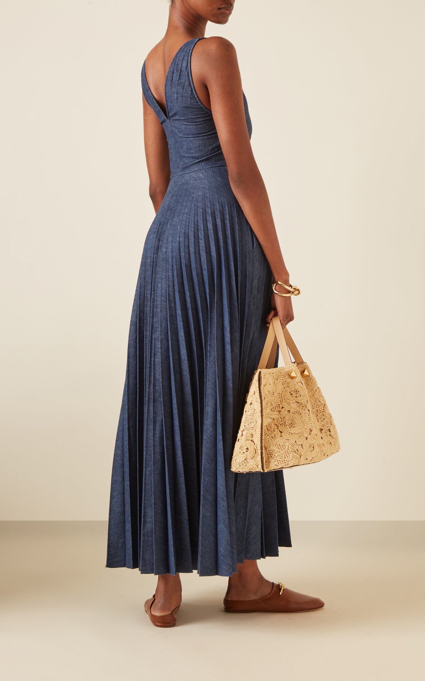 Pleated Denim Maxi Dress