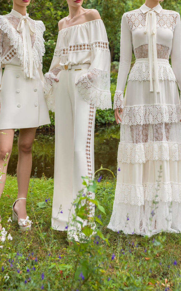 Lace-Detailed Cady Wide-Leg Pants